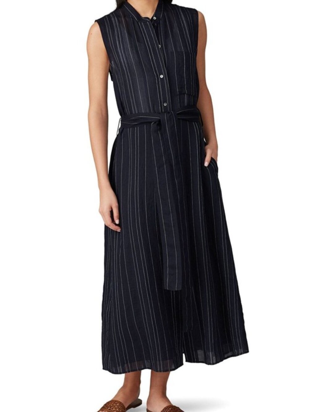 Vince Striped Sleeveless Drapey Shirt Dress SZ M 76% Rayon 20% Nylon 4% Polyeste